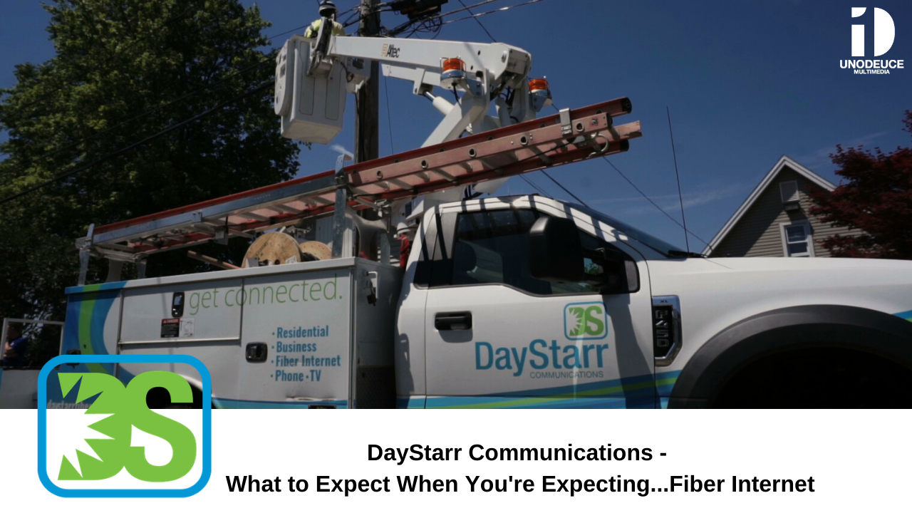 Bucket truck installing fiber on telephone pole