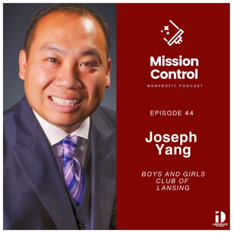 Promotional graphic for Episode 44 of the Mission Control Nonprofit Podcast featuring Joseph Yang of the Boys and Girls Club of Lansing. The image shows Joseph Yang smiling in a suit and tie on the left, with the podcast logo and episode details on a red background to the right.